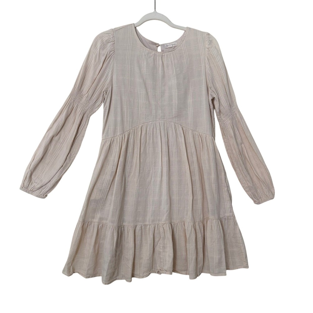 Shop Stevie Cream Plaid Textured Babydoll Mini Dress Long Sleeve Boho Neutral M